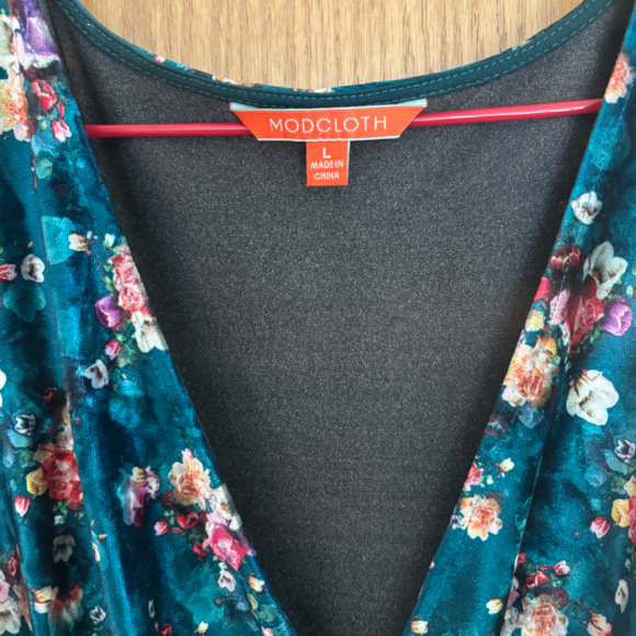 ModCloth Timeless Embrace Teal Floral Velvet Faux Wrap Dress Large - Picture 5 of 7
